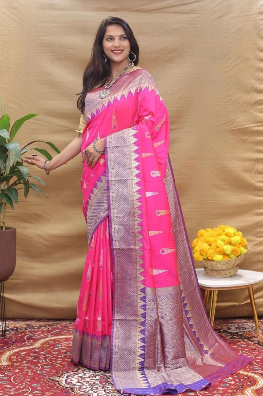 Elegant Handloom Silk Saree with Pure Zari Border and Rich Pallu-PCFratnatilaksilk-Pink