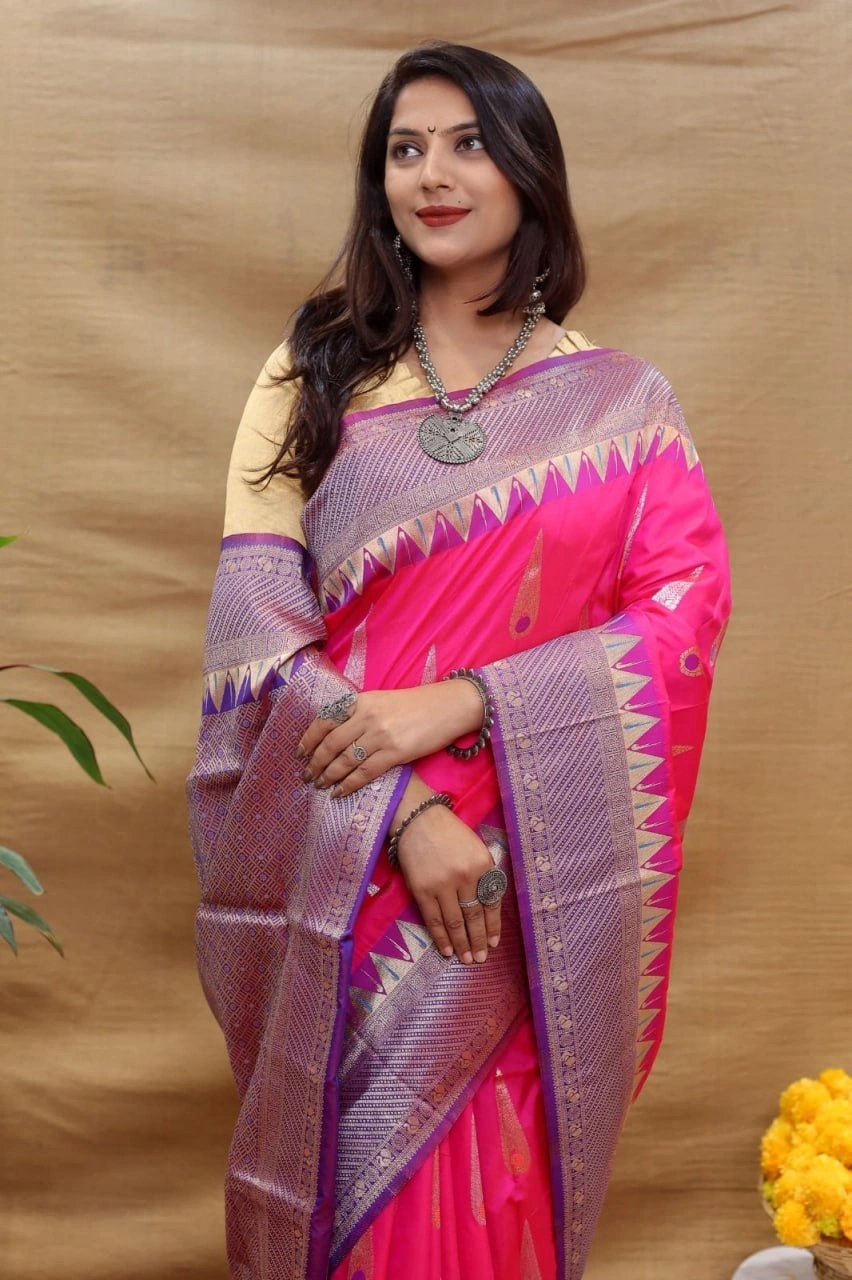 Elegant Handloom Silk Saree with Pure Zari Border and Rich Pallu-Pink-1