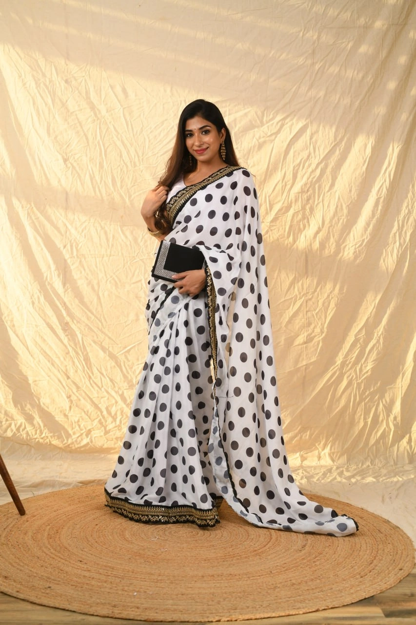 Satin Georgette Saree: All-Over Dot Print with Sequin Border &amp; Silk Blended White Blouse-RVSGPOLKADOTS-Grey