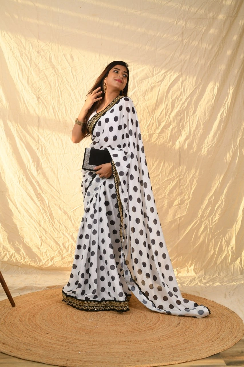 Satin Georgette Saree: All-Over Dot Print with Sequin Border &amp; Silk Blended White Blouse-Grey-1