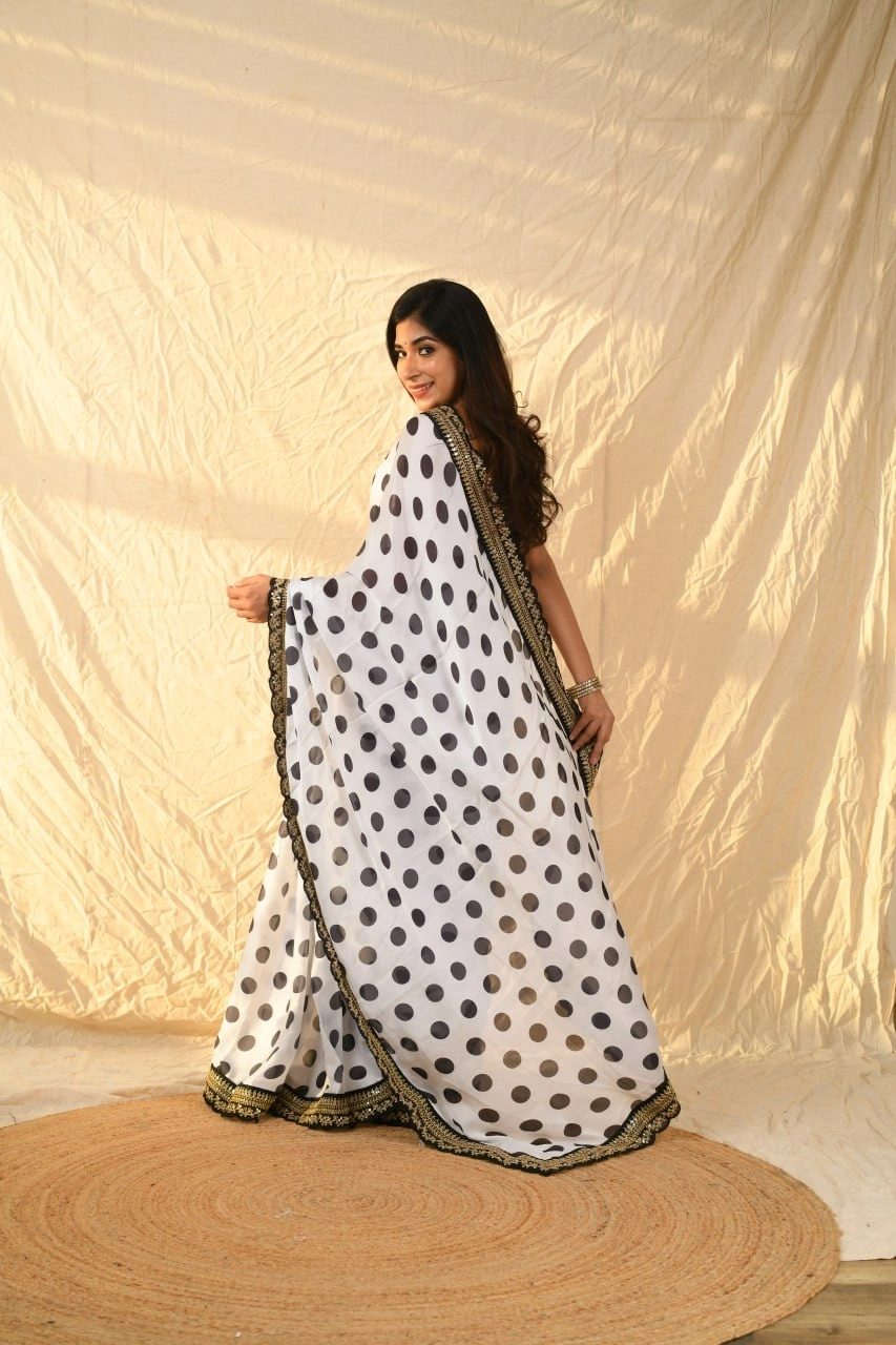 Satin Georgette Saree: All-Over Dot Print with Sequin Border &amp; Silk Blended White Blouse-Grey-3