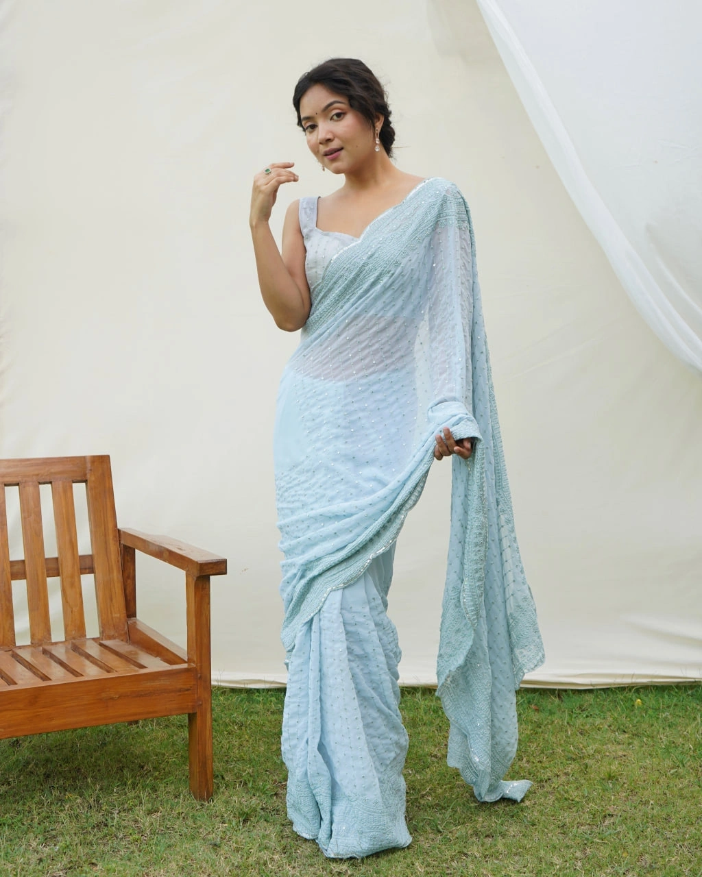 Georgette Sequin Embroidered Fashion Delight-RVSGSARASWATI-SkyBlue