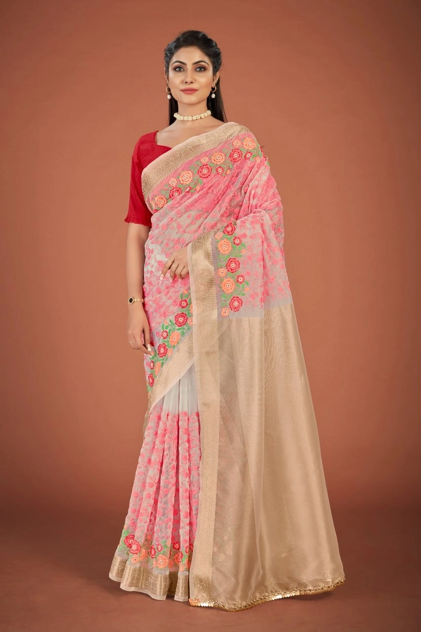 Organza Jacquard Lace Border with Exquisite Embroidery - Stunning Elegance!-RVSGSHIKHA-Pink