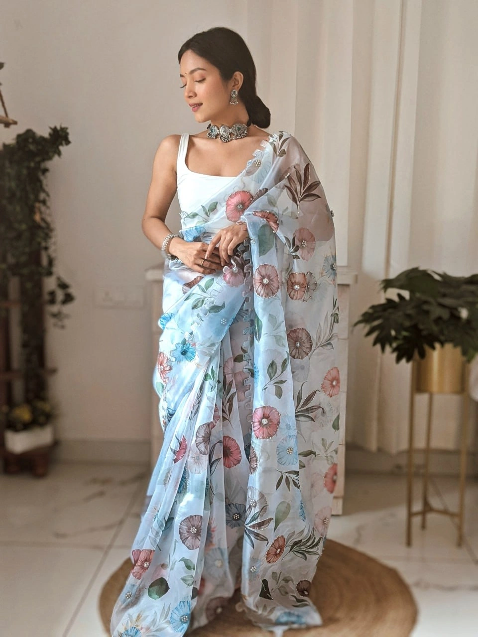 Organza Saree: Cut Work, Digital Print, Hand Work - White-RVSG-AARUSHI-White