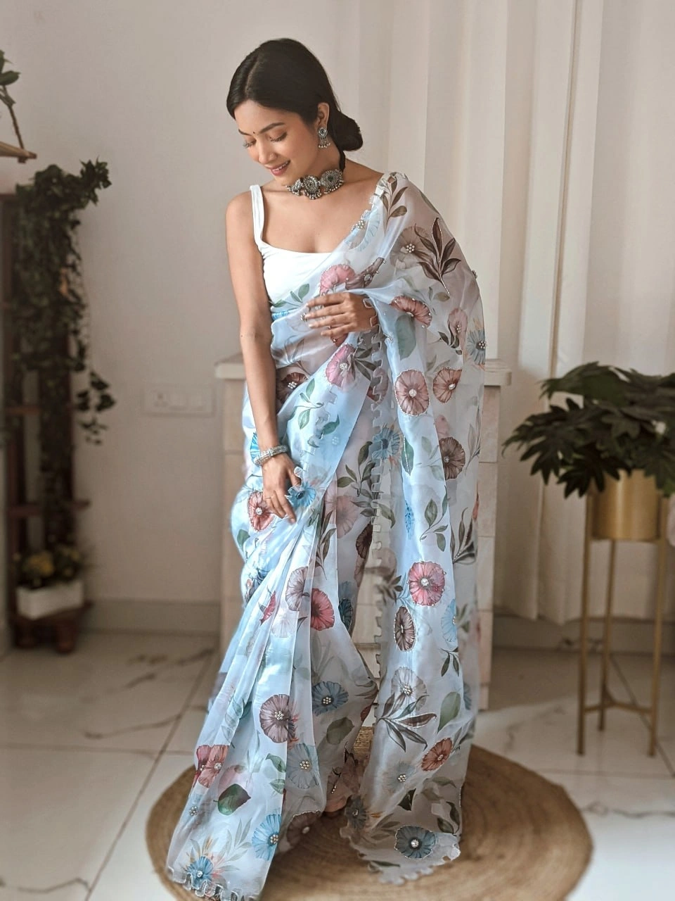 Organza Saree: Cut Work, Digital Print, Hand Work - White-White-2