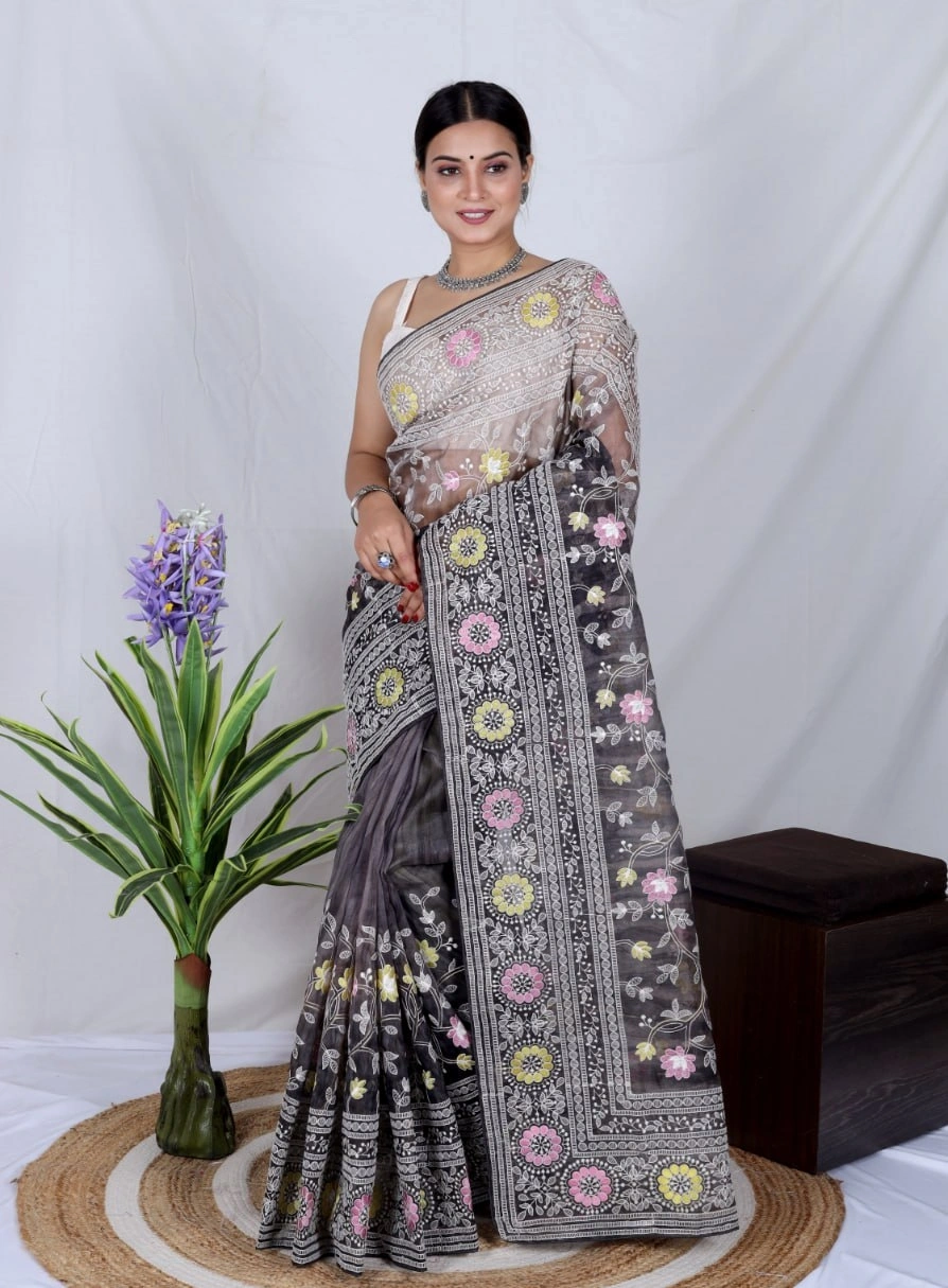 Organza Saree: Cut Work, Digital Print, Hand Work - White-RVSGAARYALAKHANWI-Grey