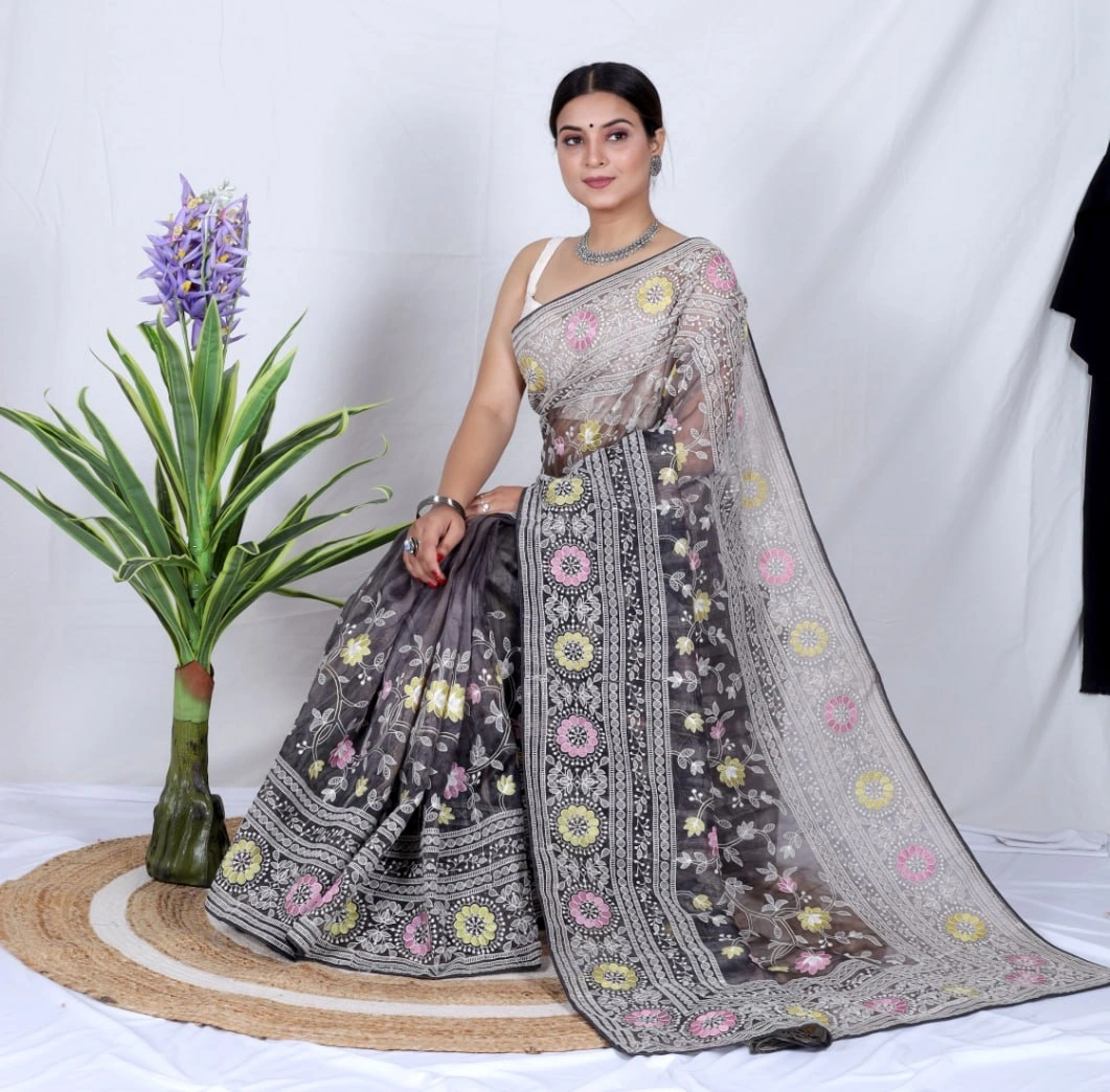 Organza Saree: Cut Work, Digital Print, Hand Work - White-Grey-2