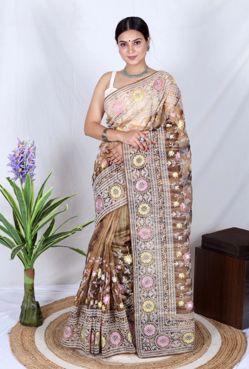 Organza Saree: Cut Work, Digital Print, Hand Work - White-Brown-1