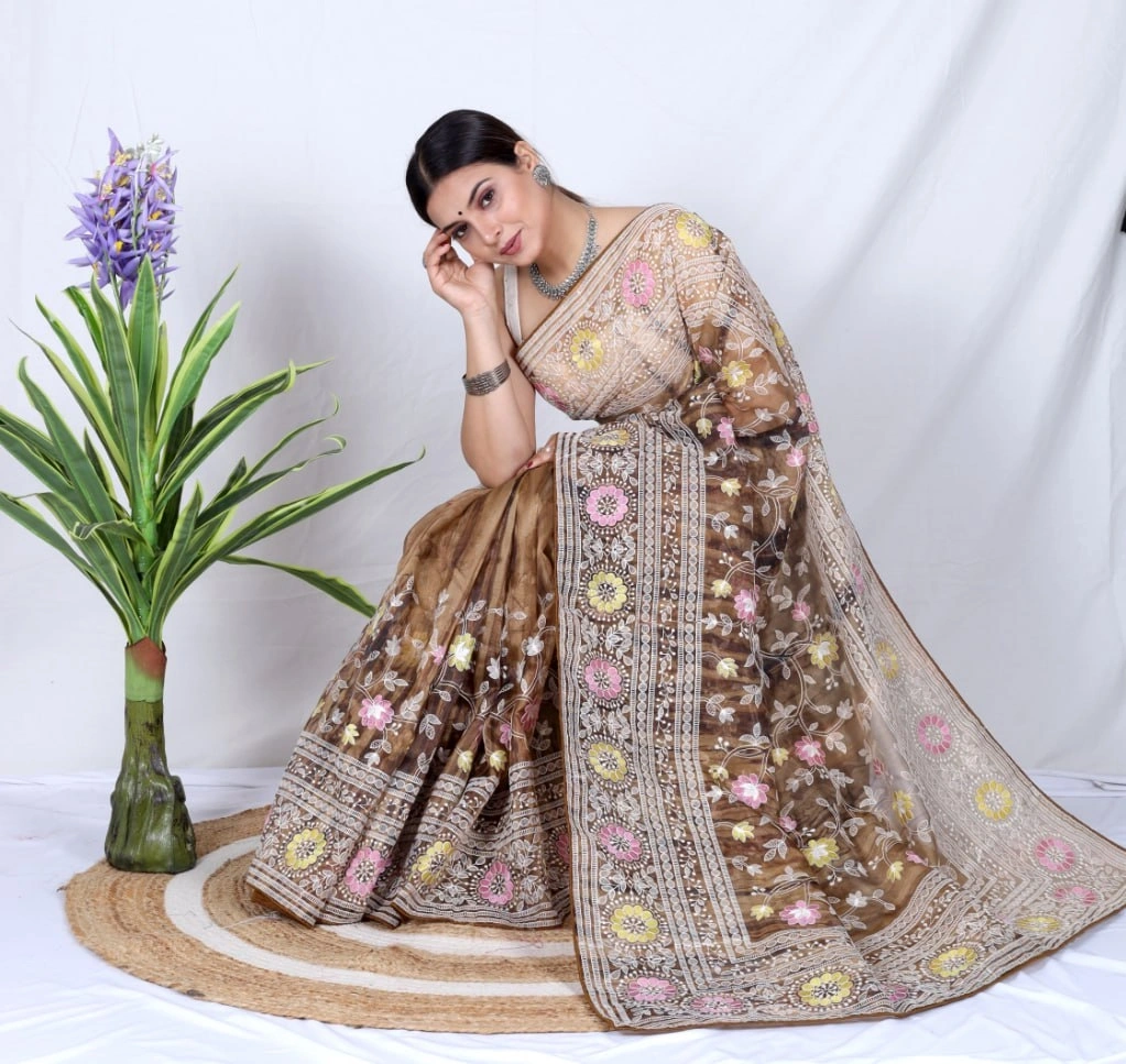 Organza Saree: Cut Work, Digital Print, Hand Work - White-Brown-3