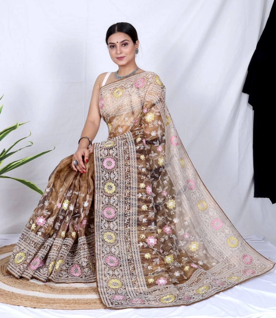 Organza Saree: Cut Work, Digital Print, Hand Work - White-Brown-4