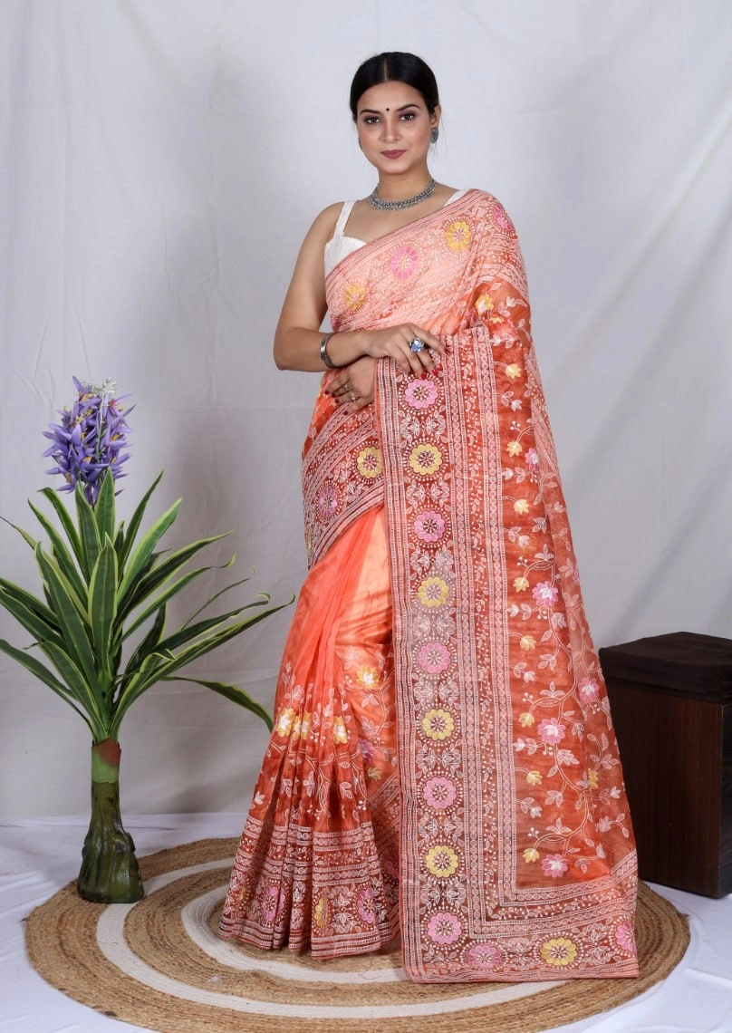 Organza Saree: Cut Work, Digital Print, Hand Work - White-RVSGAARYALAKHANWI-Pink