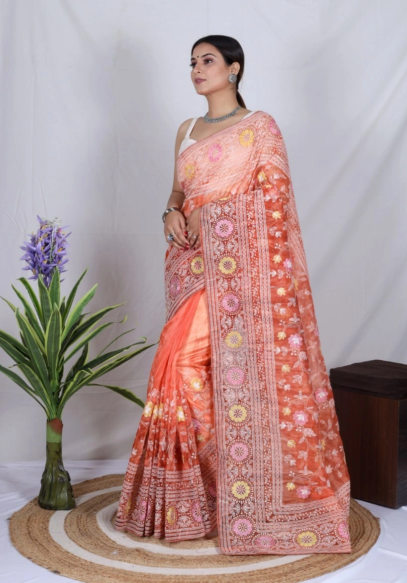 Organza Saree: Cut Work, Digital Print, Hand Work - White-Pink-5