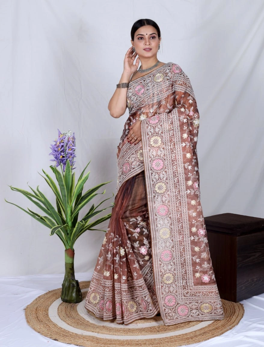 Organza Saree: Cut Work, Digital Print, Hand Work - White-RVSGAARYALAKHANWI-Wine