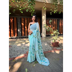 Georgette Brush Printed Foil Lace Border Saree