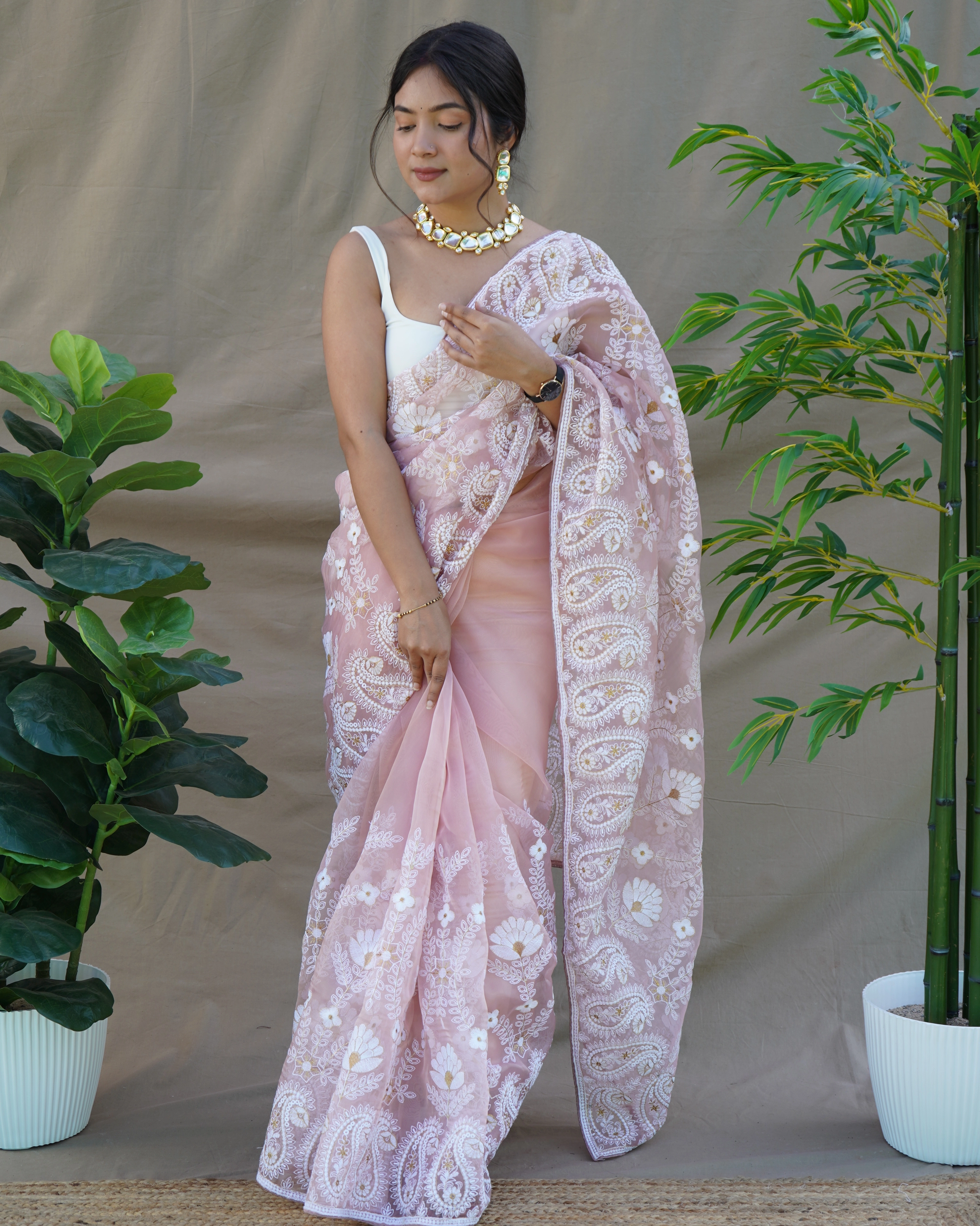 Georgette Brush Printed Foil Lace Border Saree-RVSGAMISHA-Peach