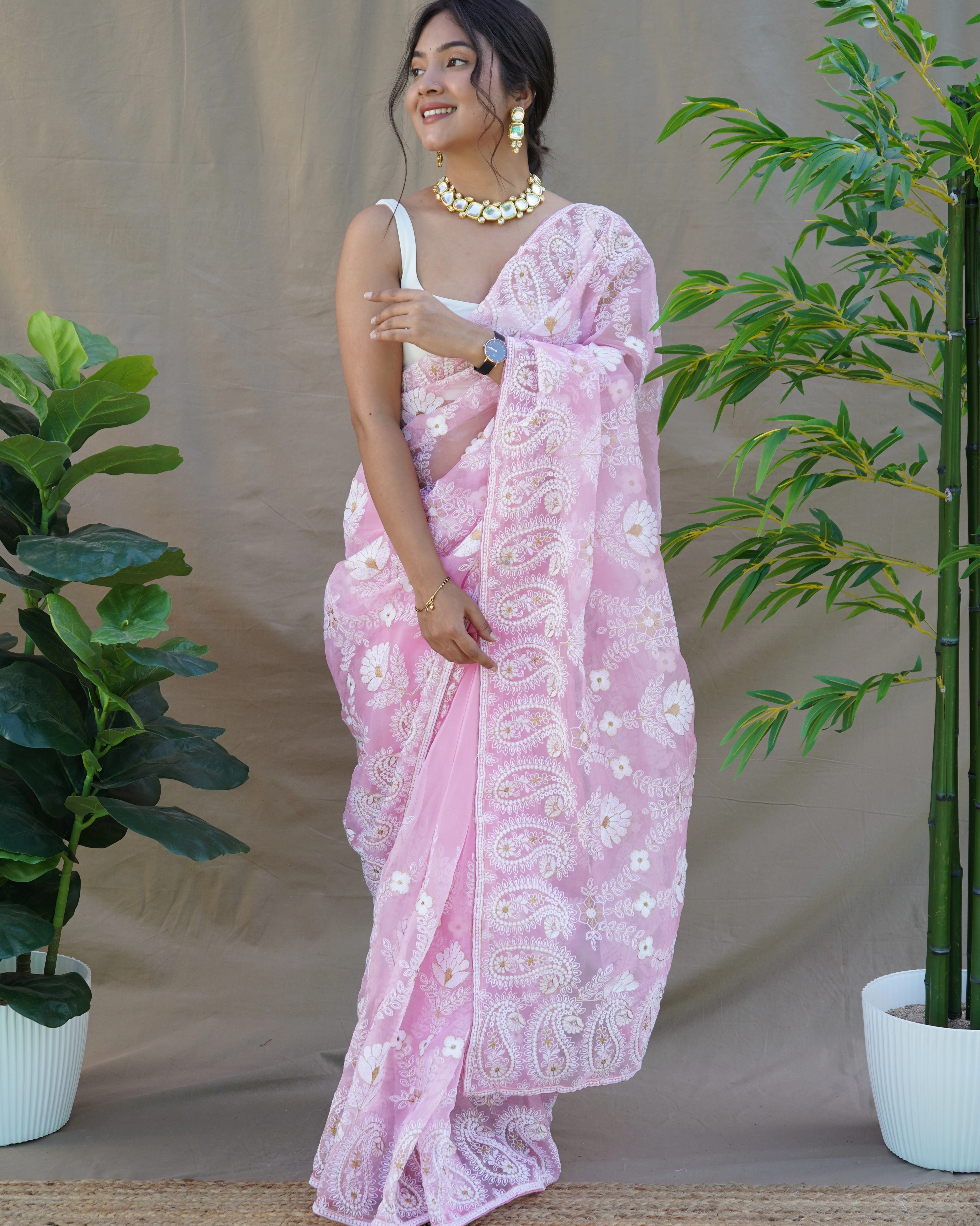 Georgette Brush Printed Foil Lace Border Saree-Pink-1