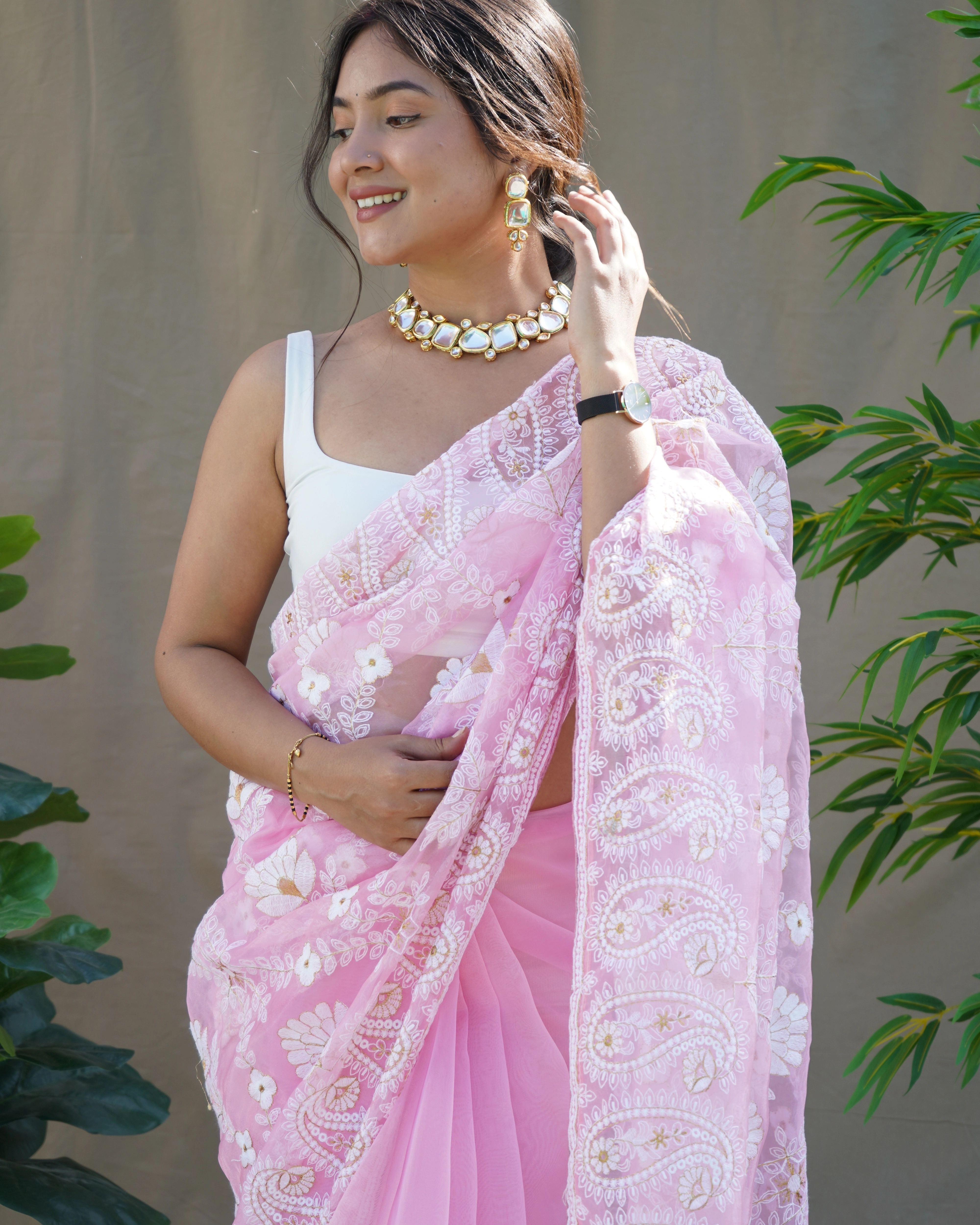 Georgette Brush Printed Foil Lace Border Saree-Pink-2