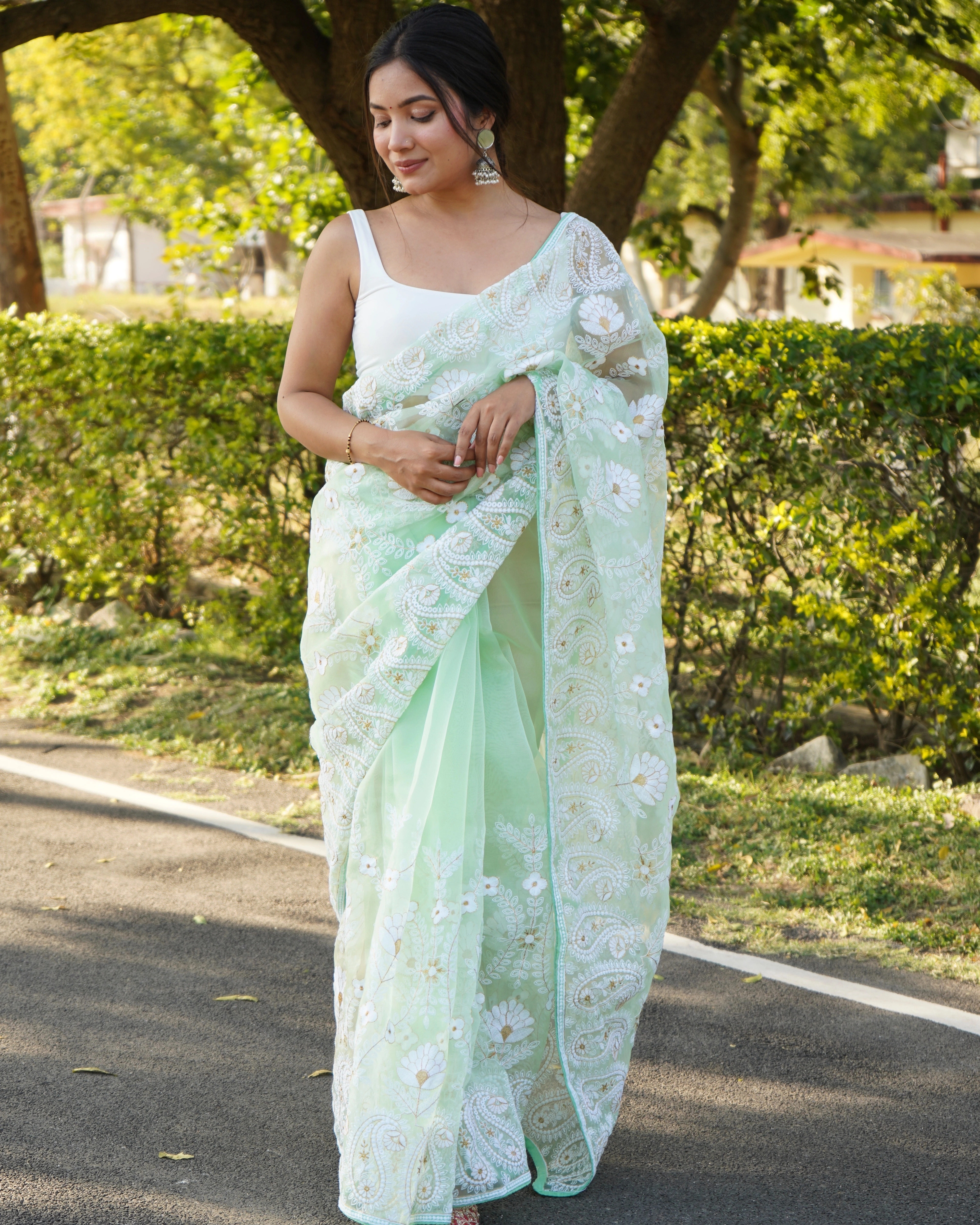 Georgette Brush Printed Foil Lace Border Saree-RVSGAMISHA-Green