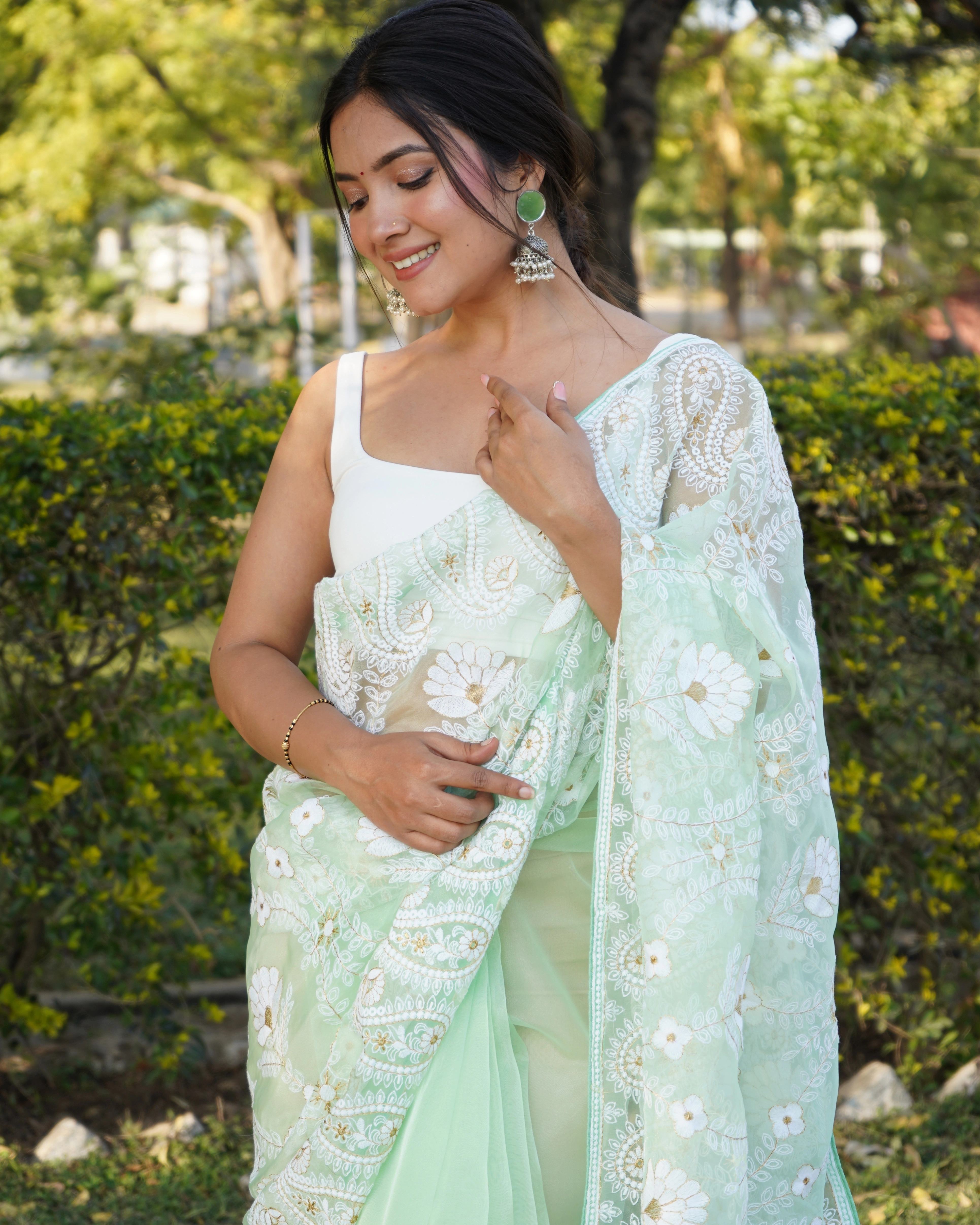 Georgette Brush Printed Foil Lace Border Saree-Green-2