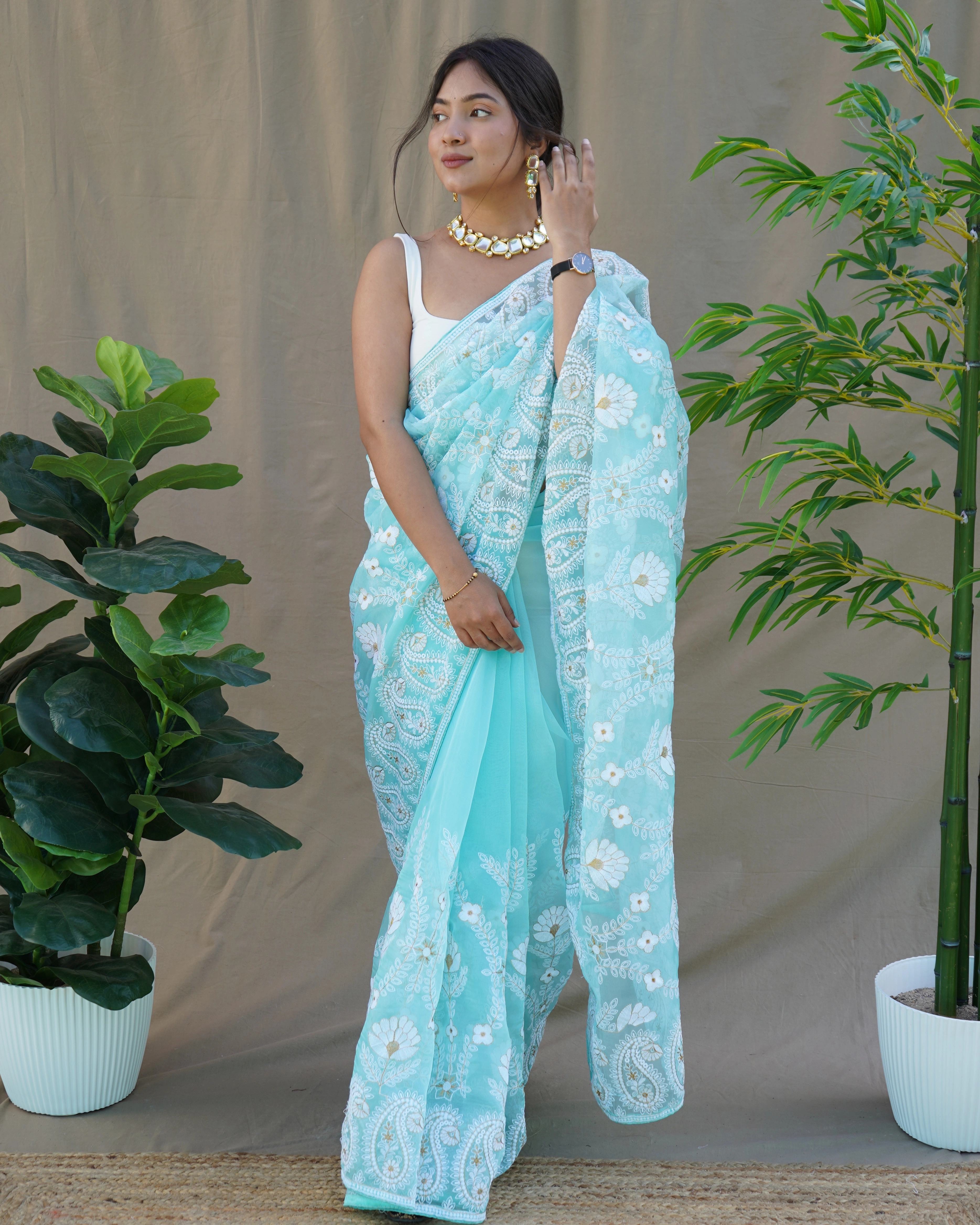 Georgette Brush Printed Foil Lace Border Saree-Sky-1