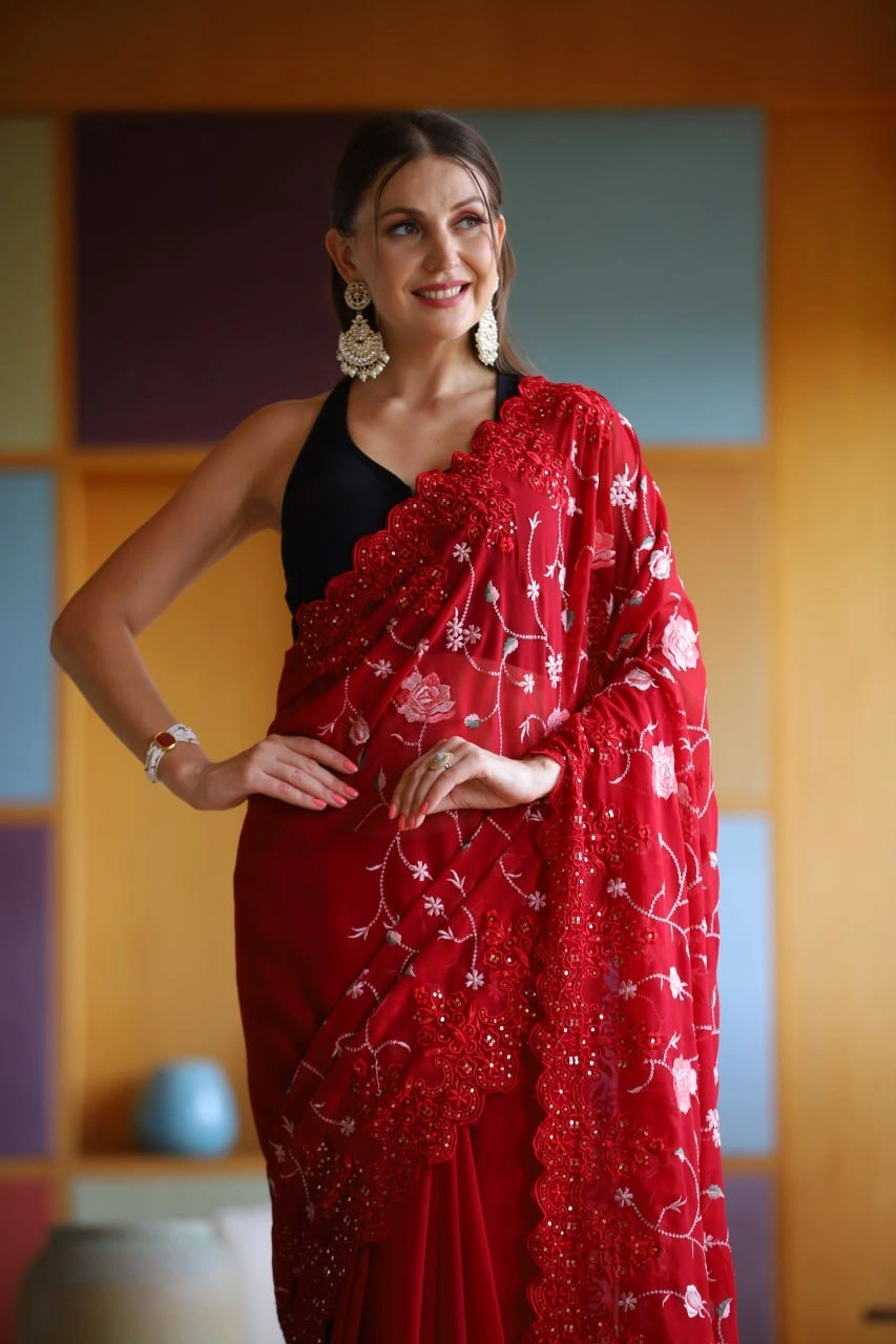 Black Georgette Saree with Intricate Embroidery and Sequin Work-Red-2