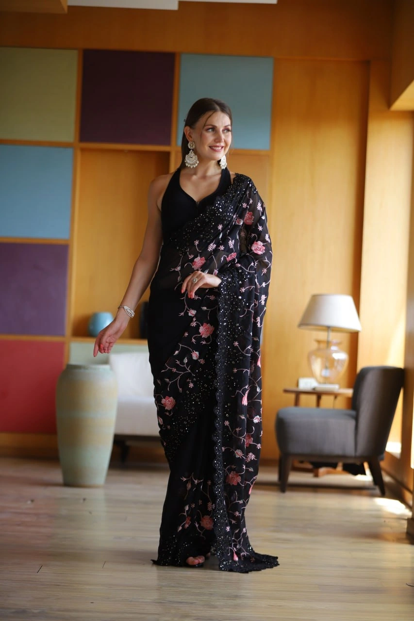 Black Georgette Saree with Intricate Embroidery and Sequin Work-RVSG-ASHI-Black