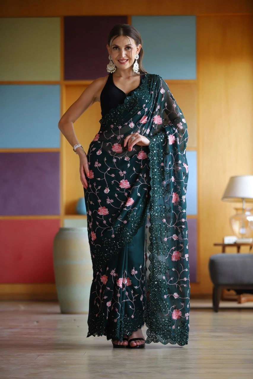 Black Georgette Saree with Intricate Embroidery and Sequin Work-Green-1