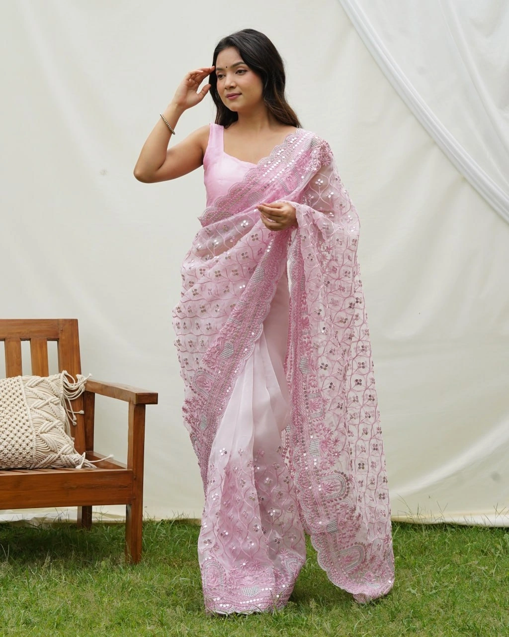 Organza Embroidered Saree with Designer Blouse-RVSG-AYRA-Pink