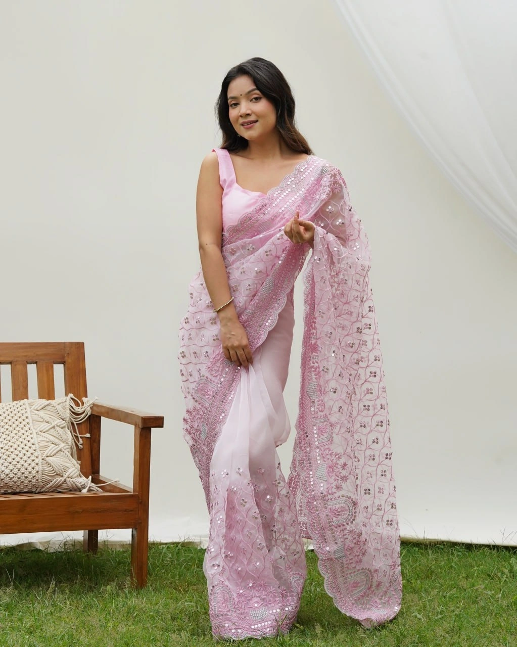 Organza Embroidered Saree with Designer Blouse-Pink-3