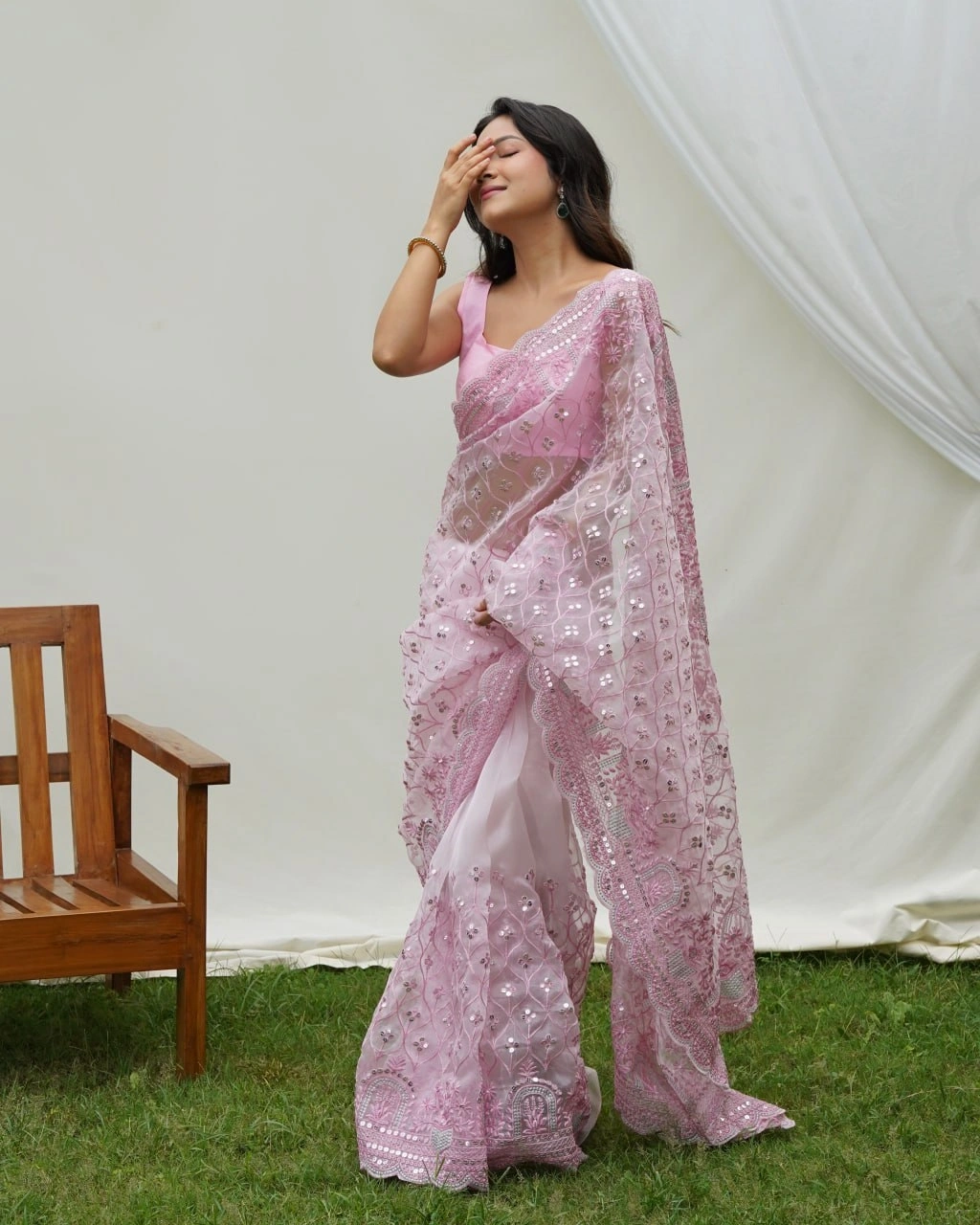 Organza Embroidered Saree with Designer Blouse-Pink-4