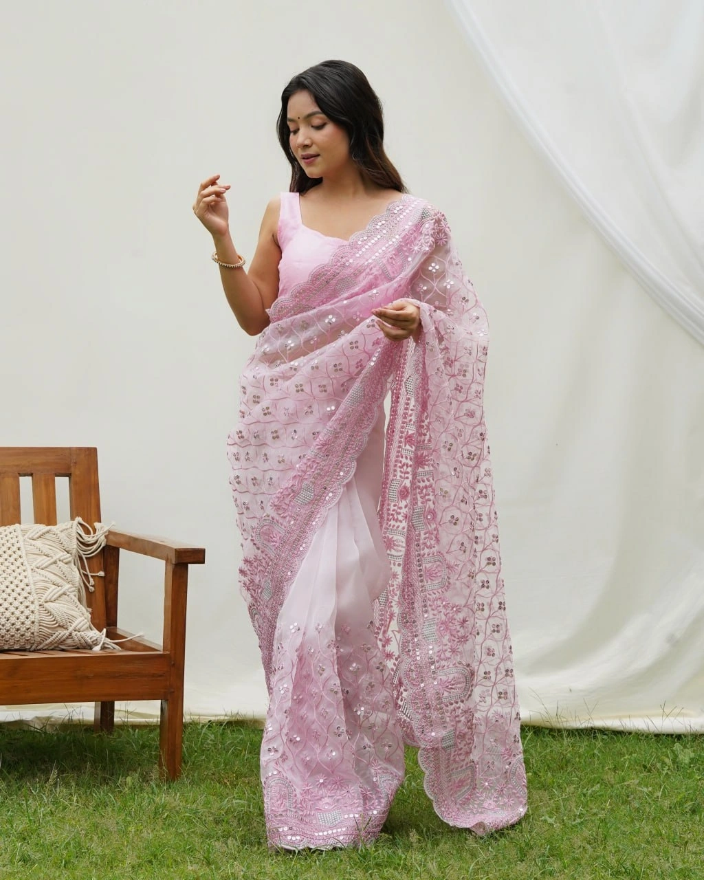 Organza Embroidered Saree with Designer Blouse-Pink-5