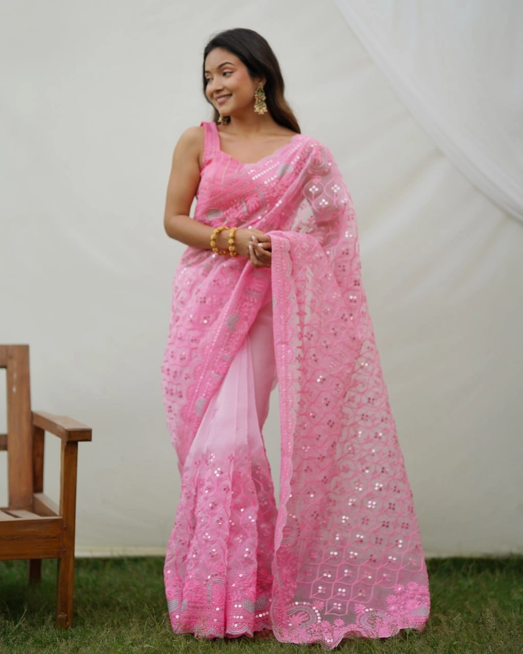 Organza Embroidered Saree with Designer Blouse-RVSG-AYRA-Peach