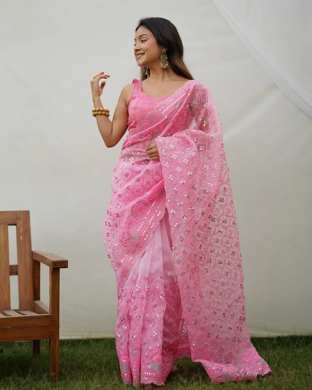 Organza Embroidered Saree with Designer Blouse-Peach-1