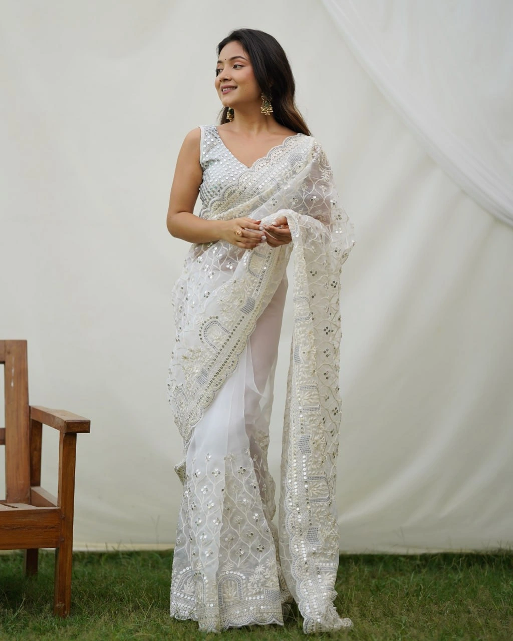 Organza Embroidered Saree with Designer Blouse-RVSG-AYRA-White