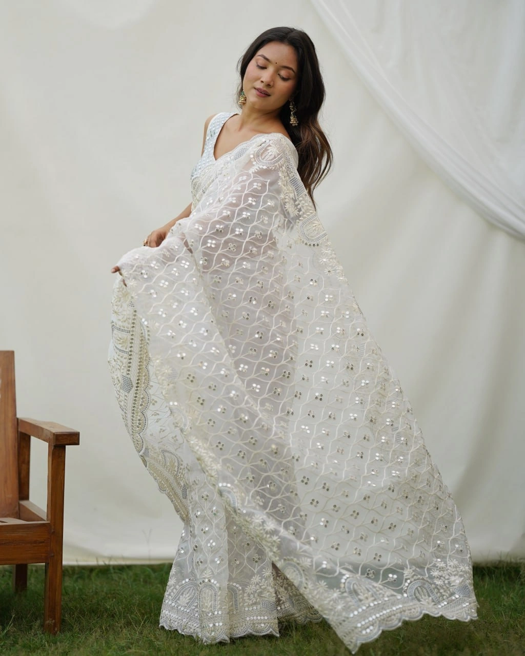 Organza Embroidered Saree with Designer Blouse-White-1