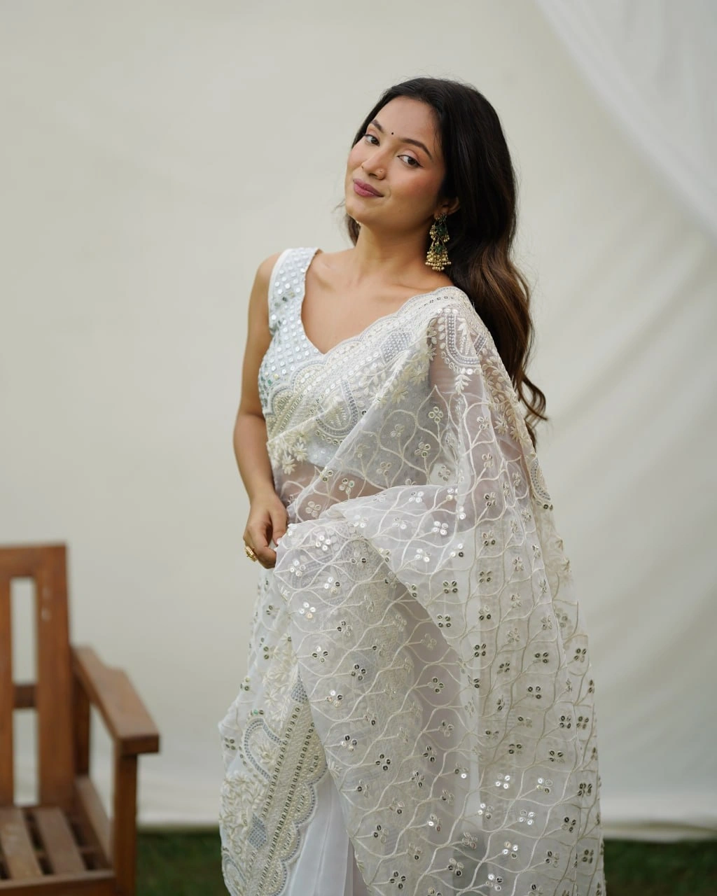 Organza Embroidered Saree with Designer Blouse-White-2