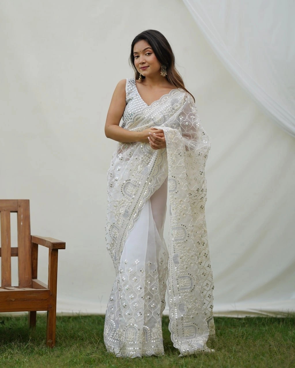 Organza Embroidered Saree with Designer Blouse-White-4