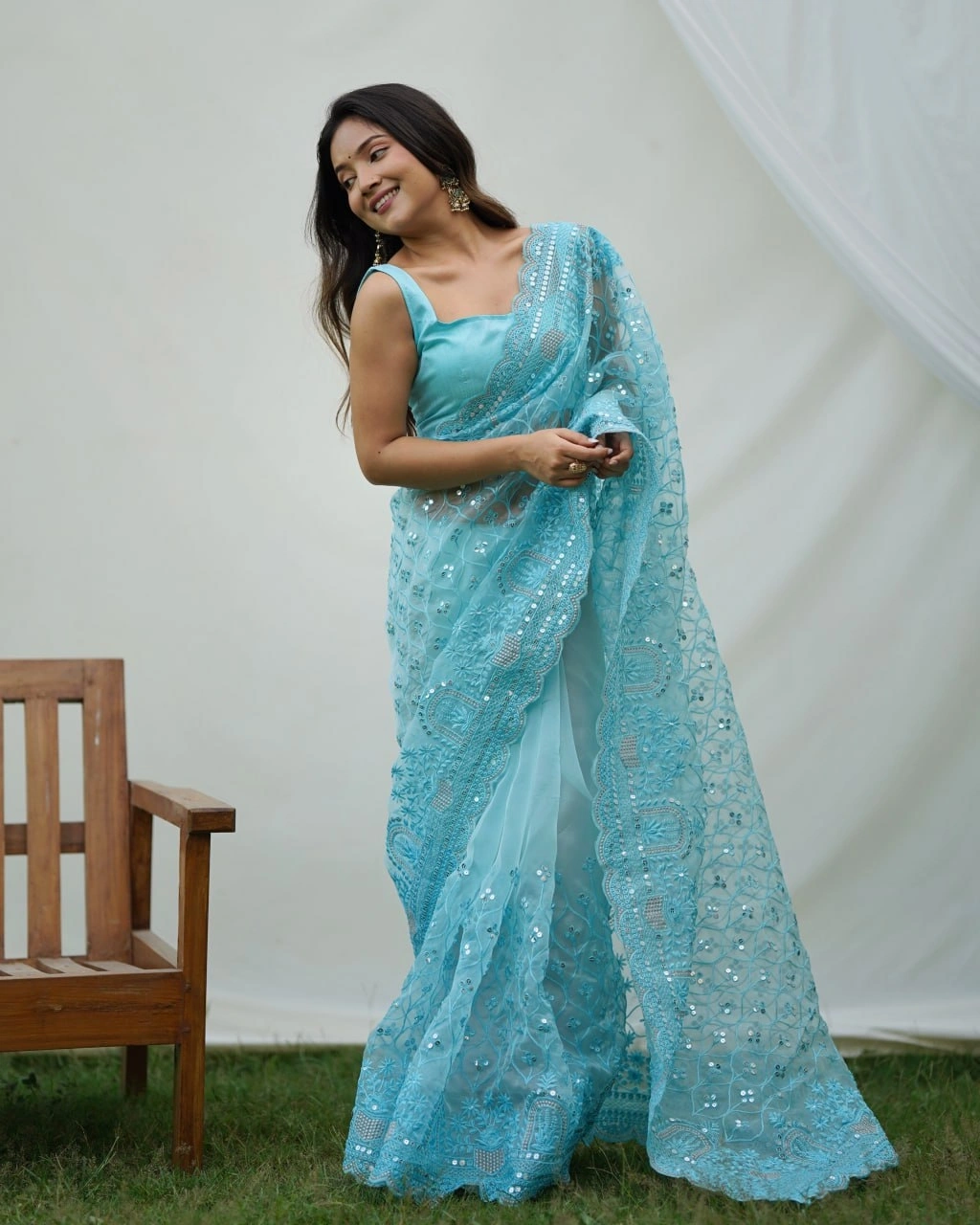 Organza Embroidered Saree with Designer Blouse-Rama-5