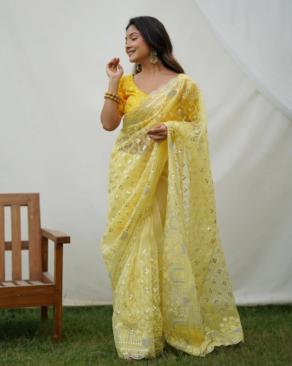 Organza Embroidered Saree with Designer Blouse-RVSG-AYRA-Mustard