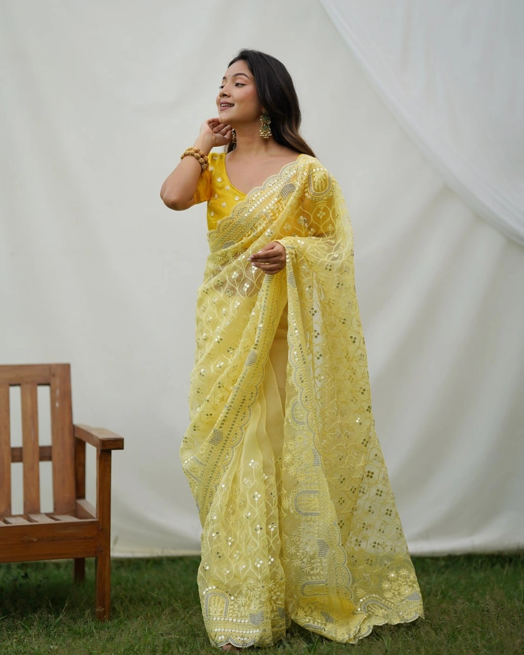 Organza Embroidered Saree with Designer Blouse-Mustard-1