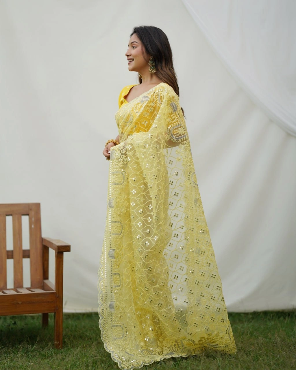 Organza Embroidered Saree with Designer Blouse-Mustard-2