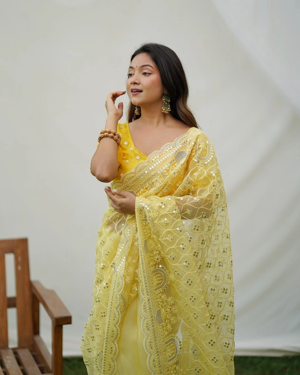 Organza Embroidered Saree with Designer Blouse-Mustard-3