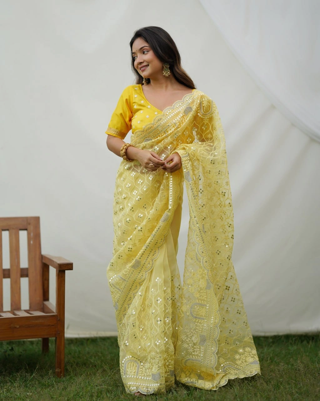 Organza Embroidered Saree with Designer Blouse-Mustard-4