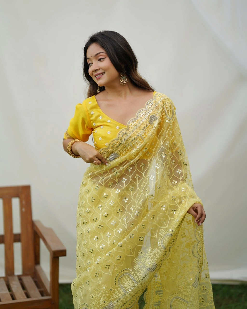 Organza Embroidered Saree with Designer Blouse-Mustard-5