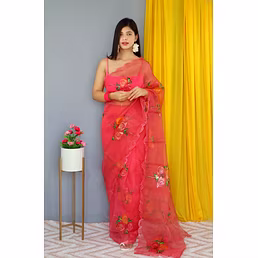 Foil and Hand Print Nylon Organza Saree with Satin Blouse