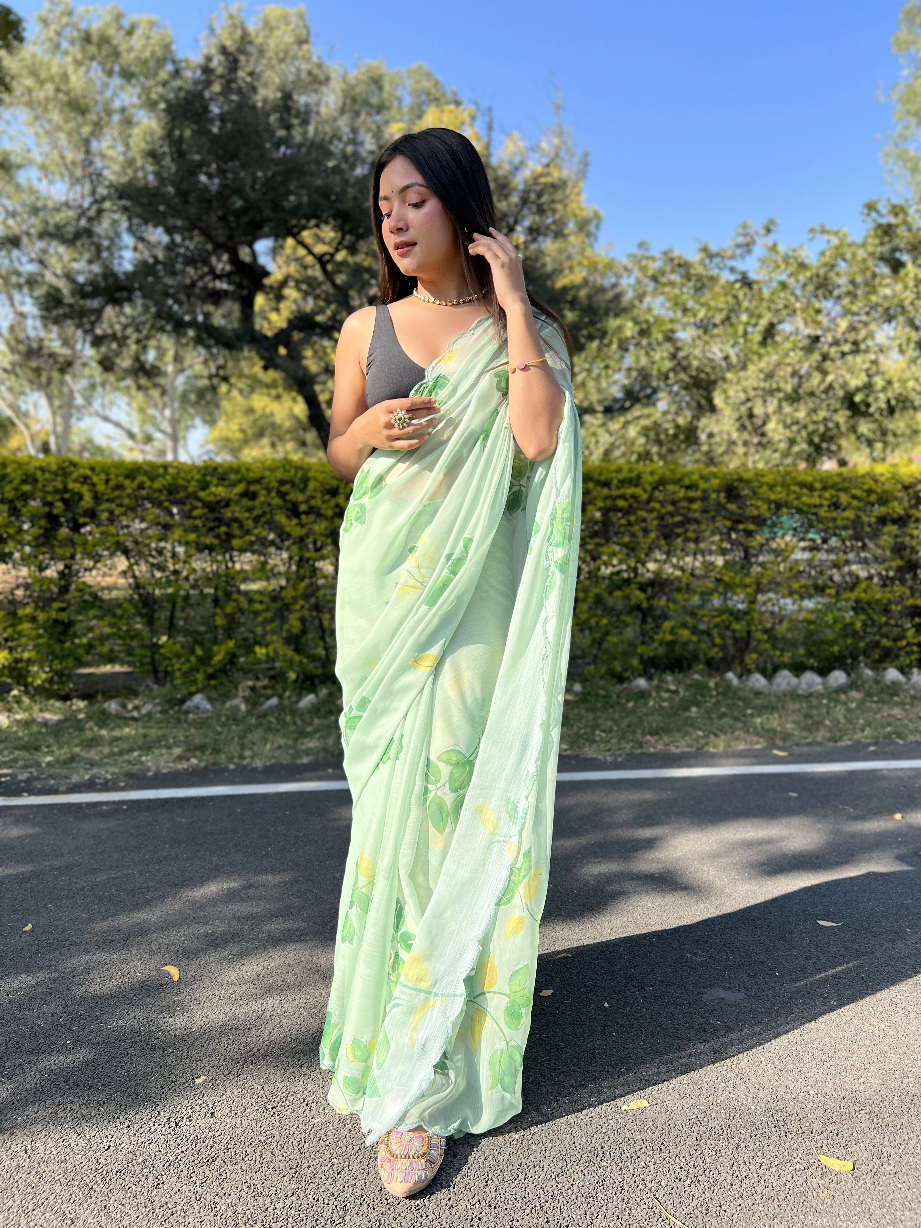 Green Foil-Print Chiffon Saree with Satin Blouse-RVSGCHIFFONFOIL-Green