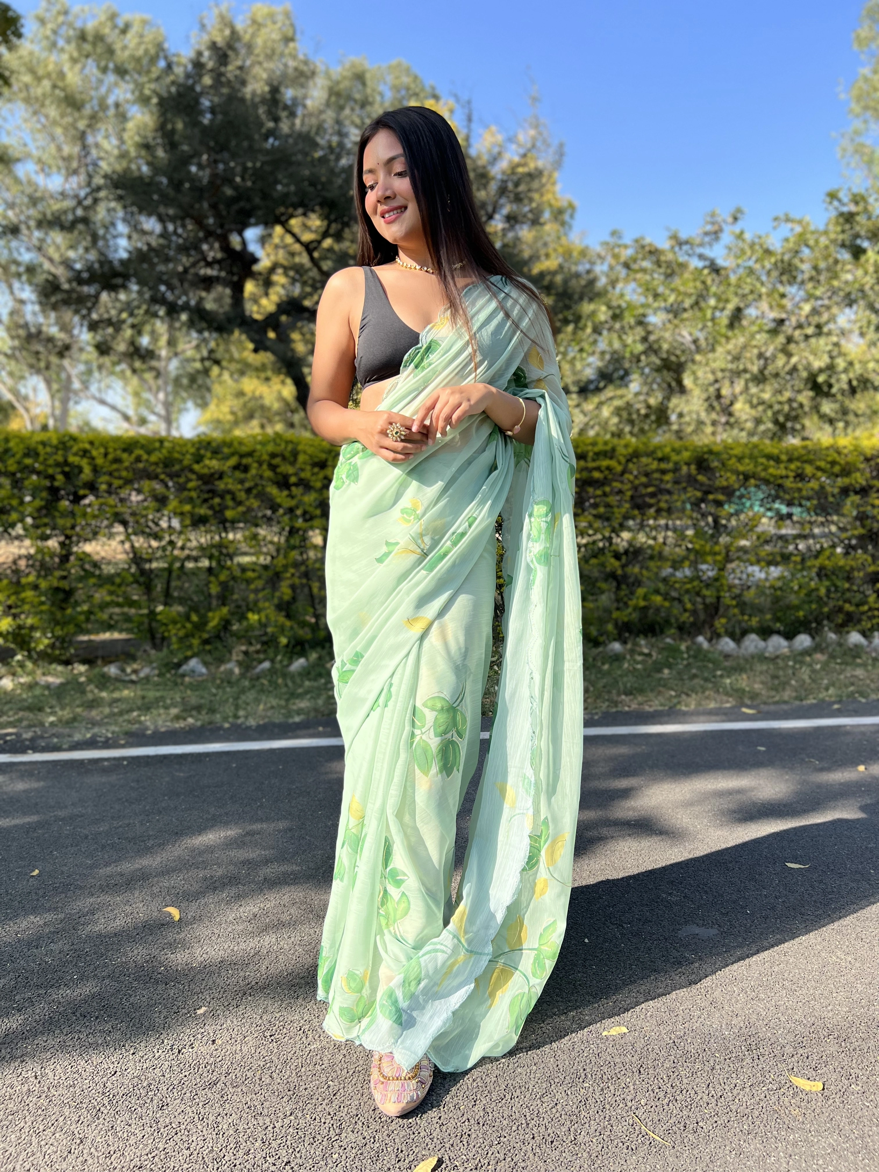 Green Foil-Print Chiffon Saree with Satin Blouse-Green-1