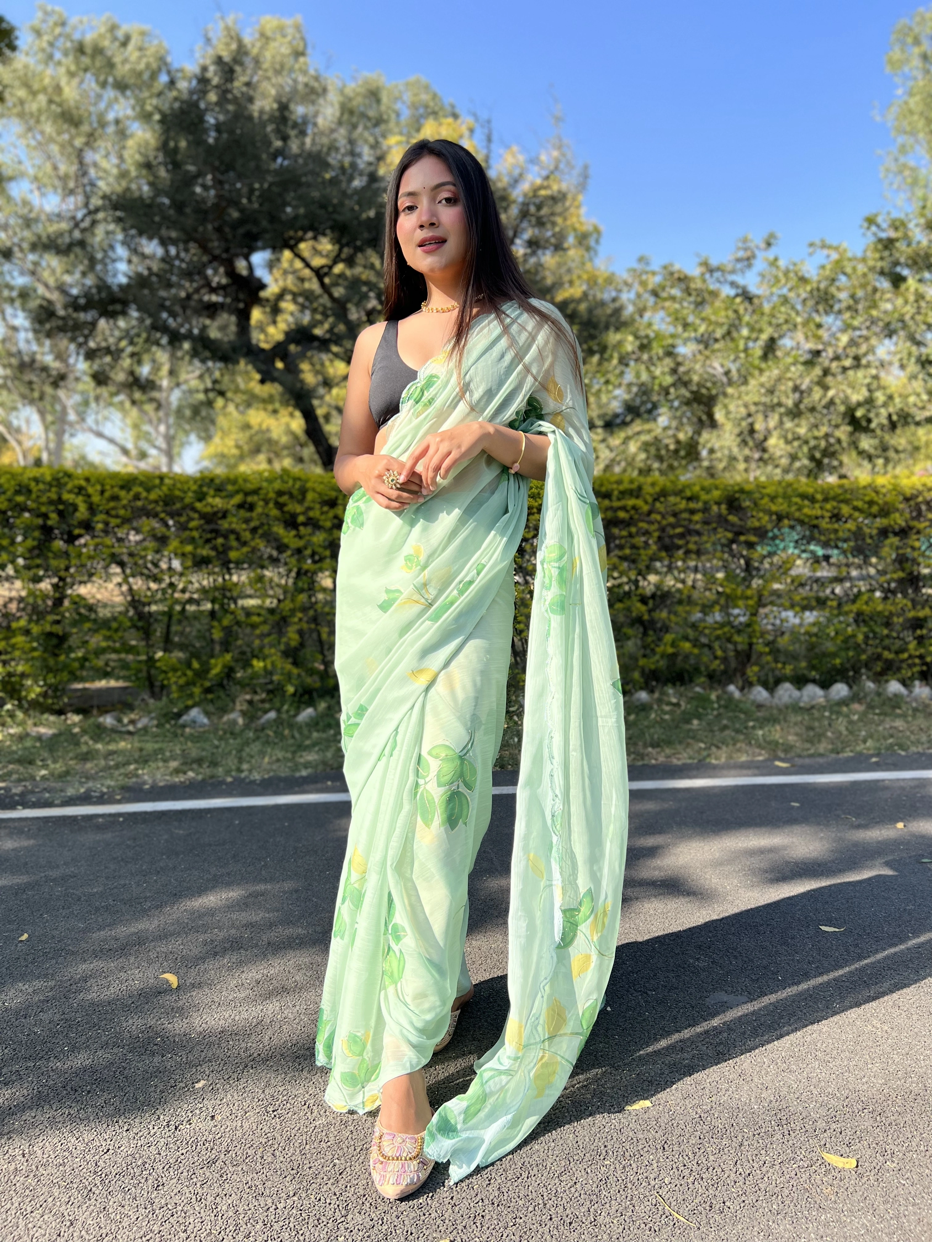 Green Foil-Print Chiffon Saree with Satin Blouse-Green-2