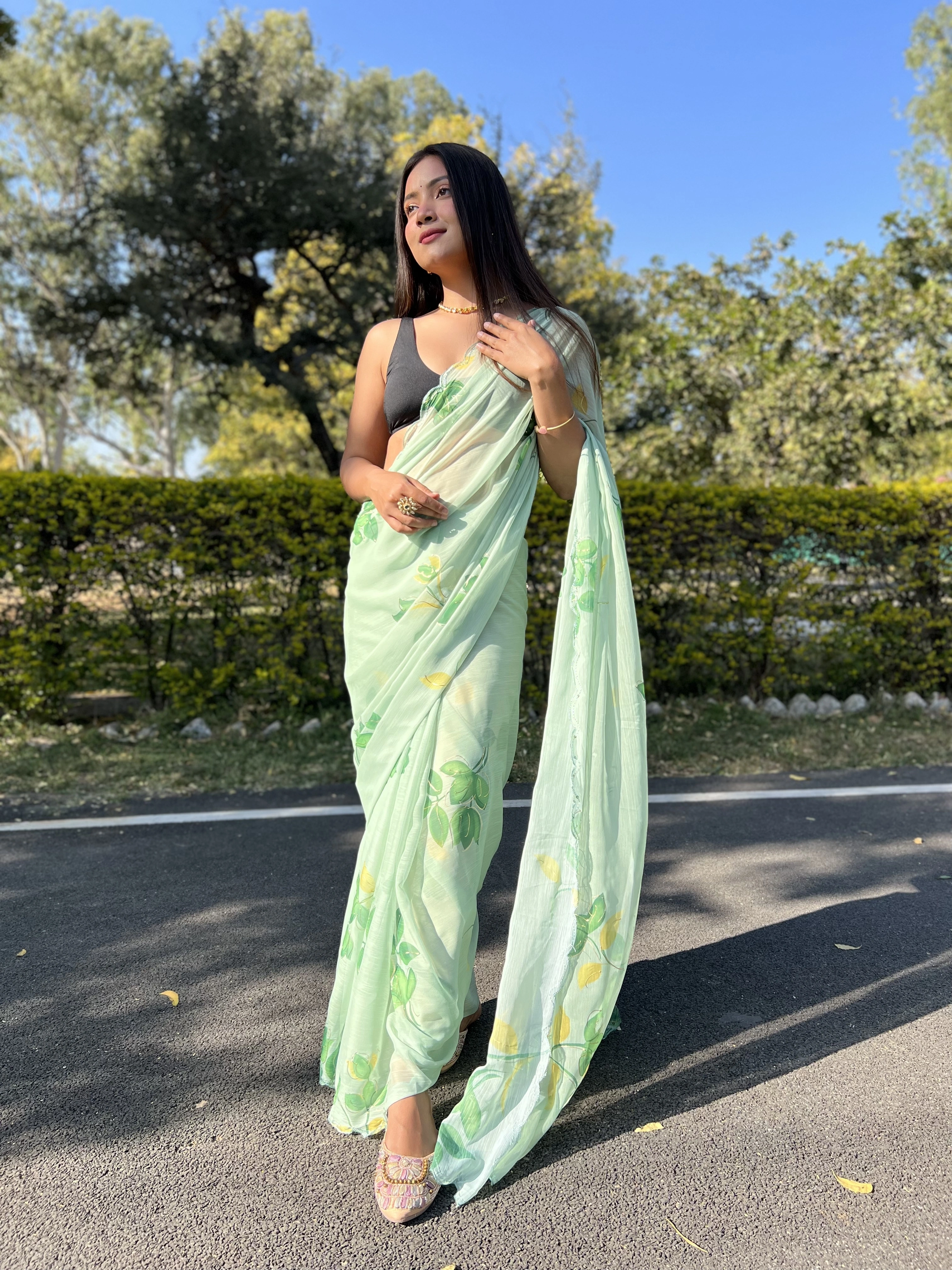 Green Foil-Print Chiffon Saree with Satin Blouse-Green-3