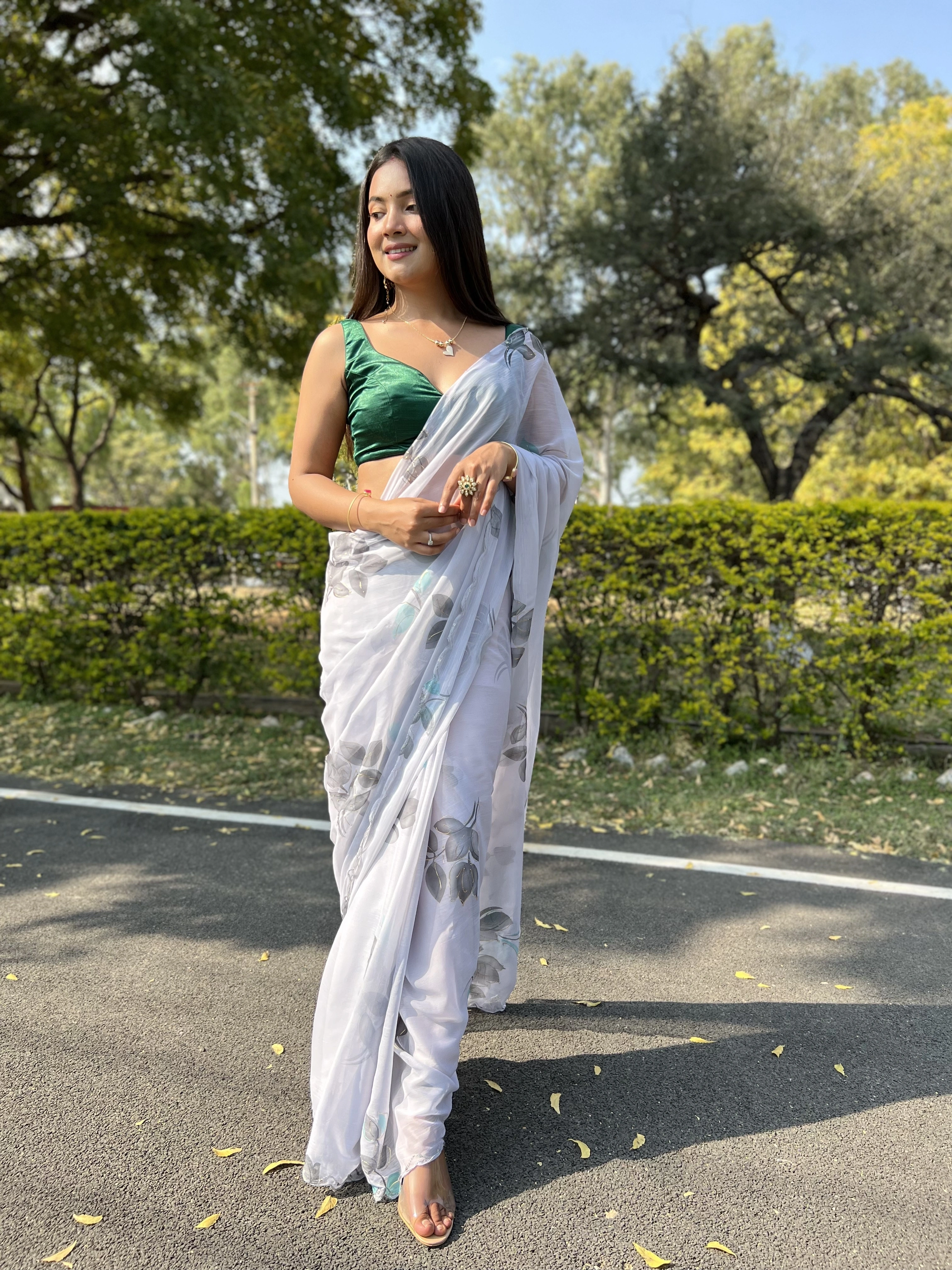 Green Foil-Print Chiffon Saree with Satin Blouse-Levender-1